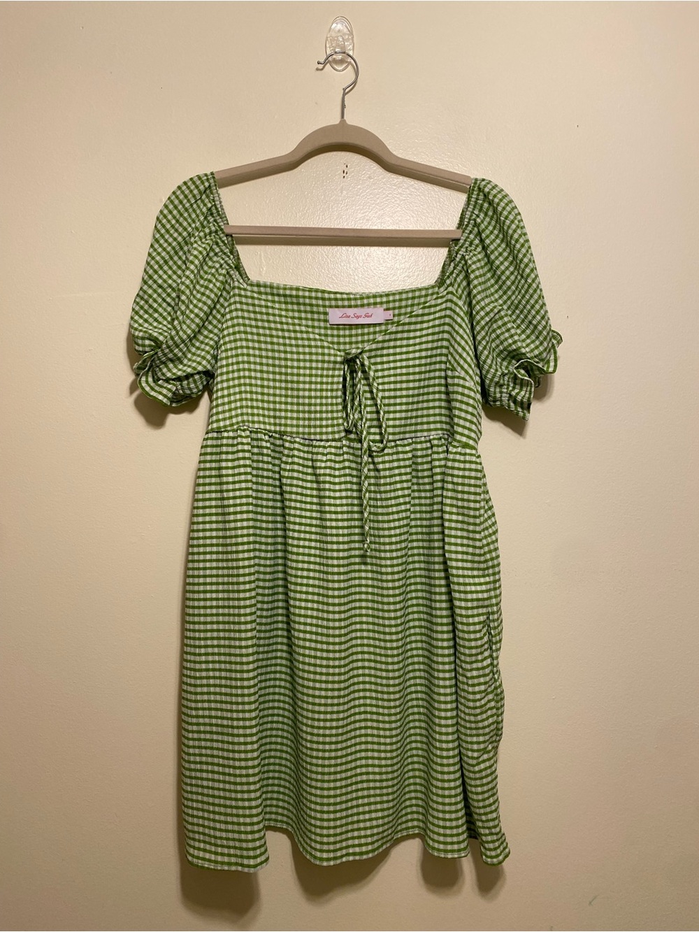 Lisa Says Gah Green Gingham Puff Sleeve Mini Dress with pockets. Size S